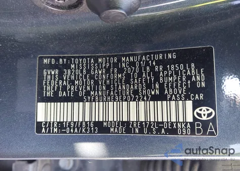 2014 Toyota Corolla Le из США, поврежденный, VIN 5YFBURHE9EP072247